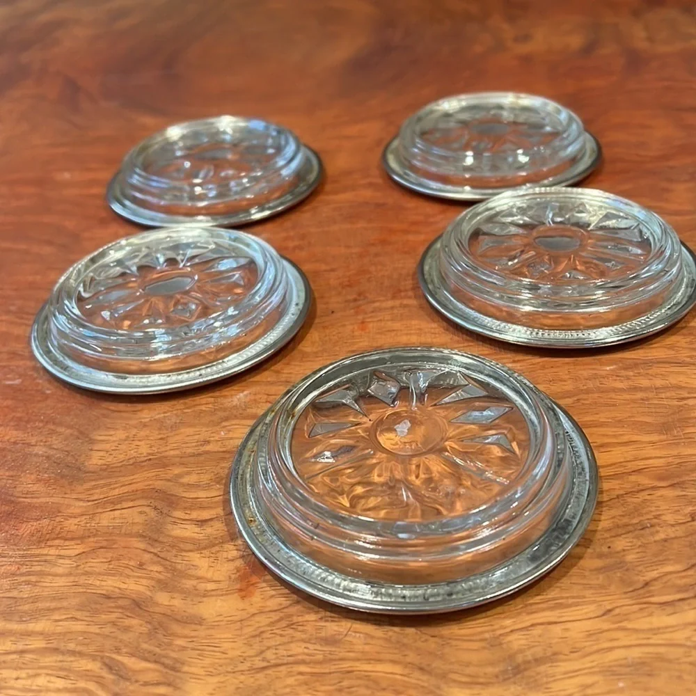 Set of 5 Silver Plated Crystal Glass Coasters